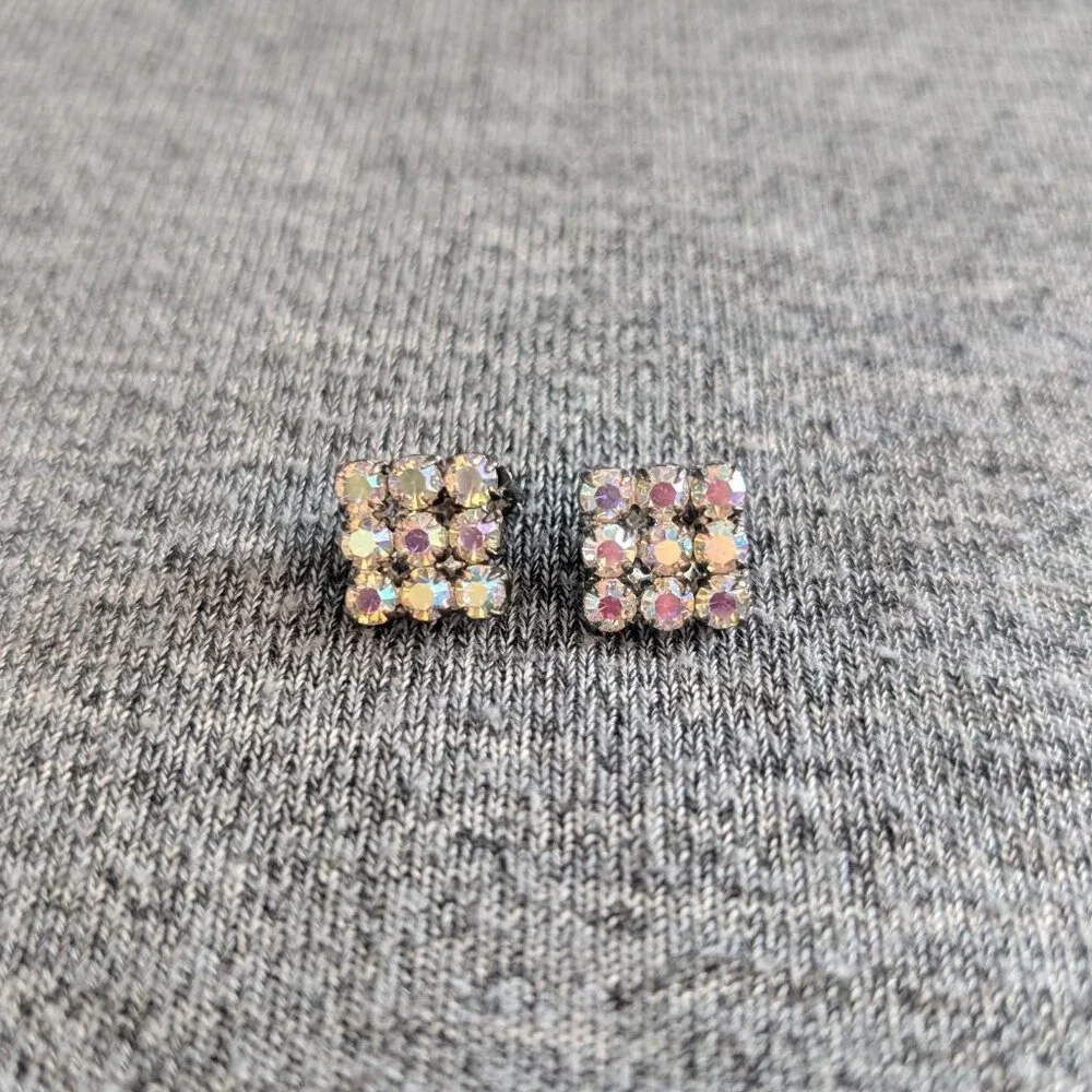 Vintage Square Rhinestone/Aurora Borealis Clip-on Earrings - Picture 2 of 4